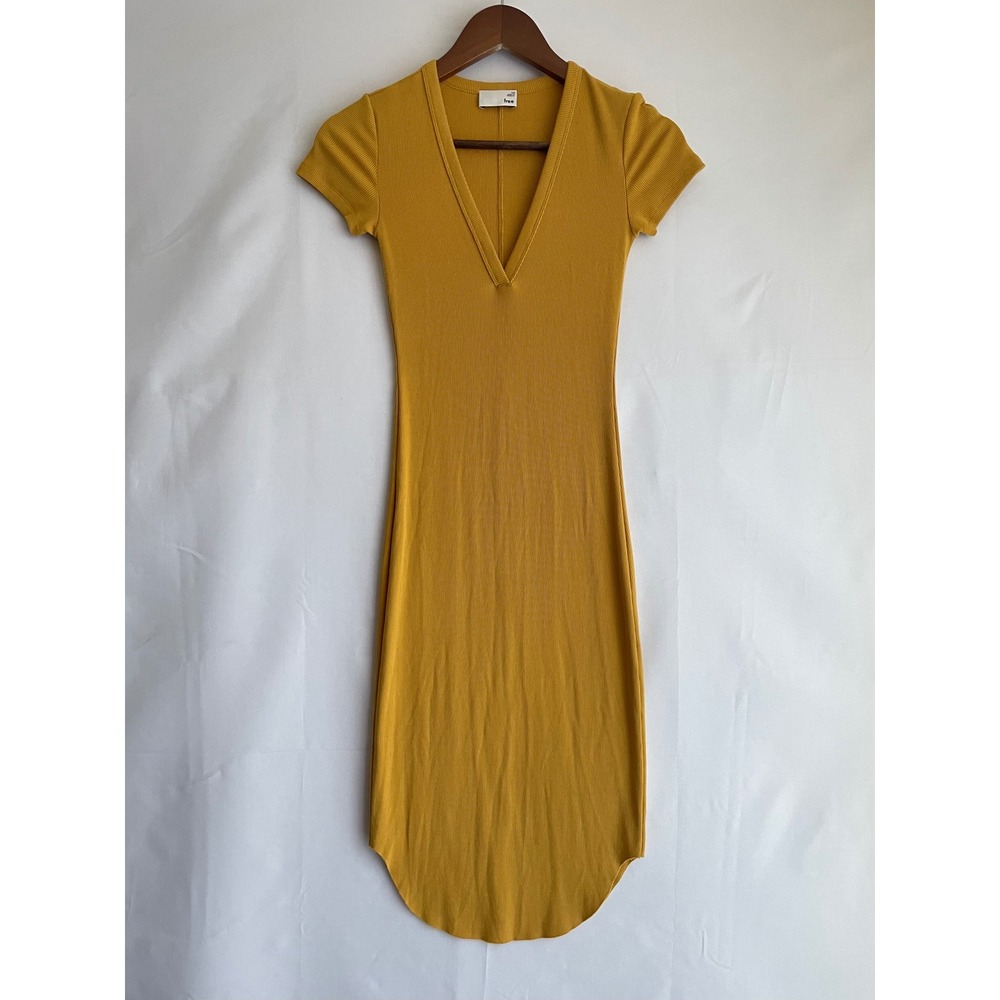 Wilfred Free Aritzia Mustard Yellow Ribbed V-Neck Midi Bodycon Dress Size XS
